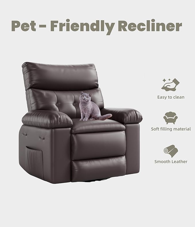 GarveeHome Oversized Recliner Chairs, Classic Manual Leather Recliner, Home Theater Seating with Lumbar & Arms Support for Living Room, Bedroom and Nursery - Brown