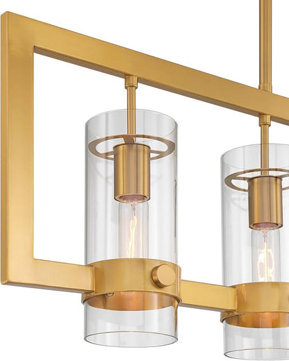 Possini Euro Design Camden Brass Island Linear Pendant Chandelier 42" Wide Modern Open Rectangle Frame Clear Glass Tube Shades 5-Light Fixture for Dining Room House Foyer Kitchen Entryway Bedroom