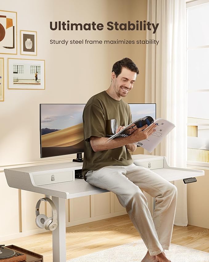 ErGear Electric Standing Desk with Drawers, 40″ x 24″ Small Gaming Table Compatible Monitor Stand, Stand up Desks, Home Office Height-Adjustable Desk with Storage Shelf, 4 Preset Heights, White