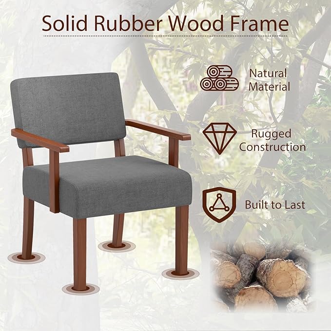 KOMFOTT Upholstered Accent Chairs Set of 2, Mid-Century Modern Armchair with Rubber Wood Frame, Linen Living Room Chairs with Padded Seat & Backrest, Reading Chair for Bedroom, Waiting Room, Grey