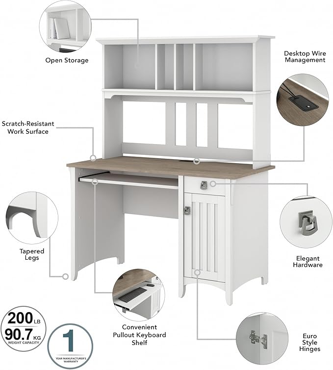 Bush Furniture Salinas Computer Desk with Hutch | Study Table with Drawers, Cabinets & Pullout Keyboard/Laptop Tray | Modern Home Office Desk in Pure White and Shiplap Gray | Work Desk with Storage