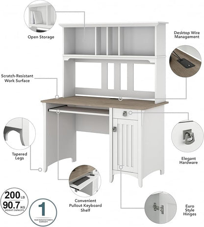 Bush Furniture Salinas Computer Desk with Hutch | Study Table with Drawers, Cabinets & Pullout Keyboard/Laptop Tray | Modern Home Office Desk in Pure White and Shiplap Gray | Work Desk with Storage