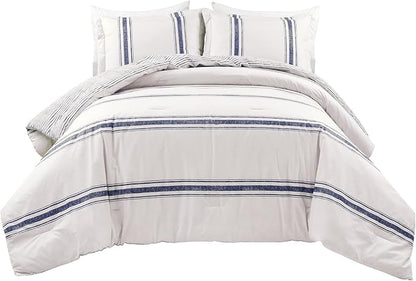 Lush Decor Farmhouse Stripe Reversible Cotton Comforter Set, 3 Piece Set, Full/ Queen, Navy - Cozy Farmhouse Bedding Set - Rustic Decor - Striped Comforter - Modern Farmhouse Bedroom Decor