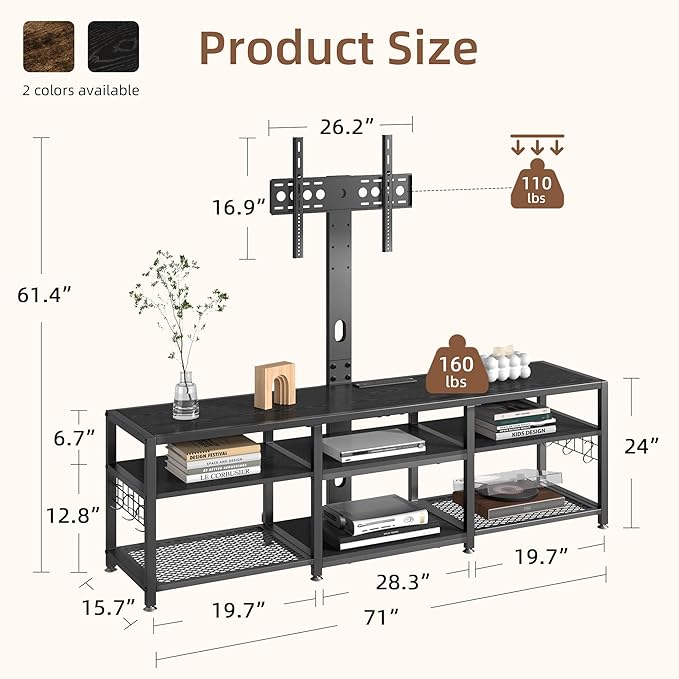 VECELO 71" TV Stand with Mount and Power Outlets, Entertainment Center with Open Storage Shelves, Height Adjustable Mount up to 80”, Wooden Table and Metal Frame for Living Room, Modern Black