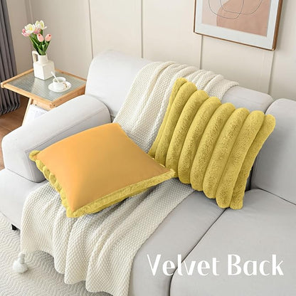 FUTEI Mustard Yellow Decorative Throw Pillow Covers 22x22 Inch Set of 2, Square Soft Faux Rabbit Fur Big Striped Cushion Cover,Home Decor for Couch Sofa Bed Living Room