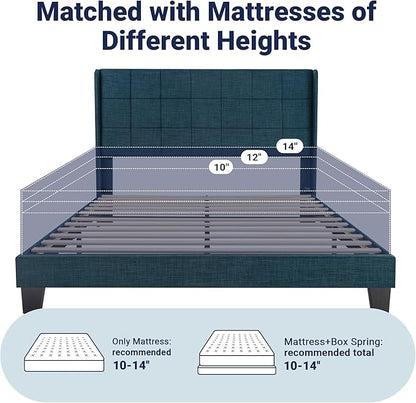 Allewie Queen Size Platform Bed Frame with Wingback, Fabric Upholstered Square Stitched Headboard and Wooden Slats, Mattress Foundation, Box Spring Optional, Easy Assembly, Dark Blue