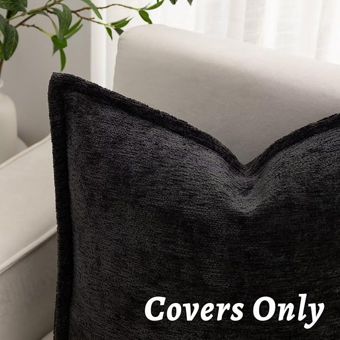 Black Decorative Throw Pillow Covers 12x20 Inch Set of 2 Cozy Soild Chenille Cushion Cases Soft Textured Lumbar Couch Pillows Cover Boho Accent Farmhouse Pillowcases for Sofa Bed
