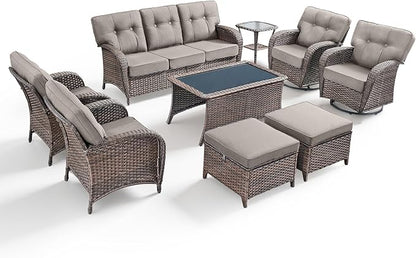 9-Piece Rotating Balcony Chair Set with 31-inch T-Shaped Wide backrest - Rattan Outdoor Rotating Balcony Chairs, Wide backrest Comfortable Outdoor Sliding Chair - Brown | Grey