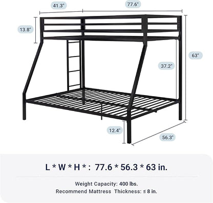 Allewie Metal Bunk Bed Twin Over Full Size for Junior & Adults with Ladder and Heavy Duty Guardrail, Small Space Saving Design for Bedroom Kid Room and Dorm, Black