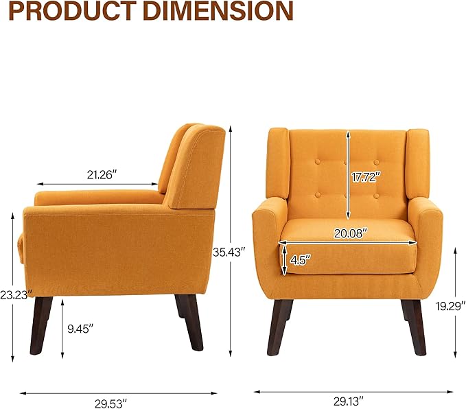 Accent Chairs Set of 2, Modern Fabric Armchairs for Living Room, Comfy Upholstered Arm Chairs Tufted for Indoor Bedroom Office Room (Orange)
