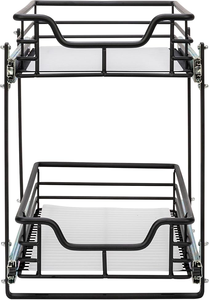 Household Essentials Glidez Multipurpose Paint-Finished Steel Pull-Out/Slide-Out Storage Organizer with Plastic Liners for Under Cabinet Use - 2-Tier Dual-Slide Design, Black