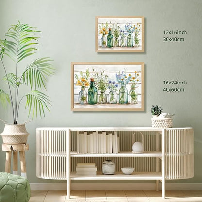 HLXRAE Wood Framed Green Bathroom Wall Art, Vintage Rustic Farmhouse Bathroom Wall Decor, Watercolor Floral Canvas Painting, Sage Green Plant Aesthetic Picture for Laundry Room Decor 16x24 inch
