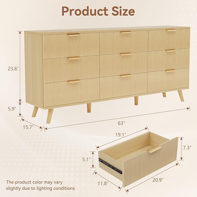 63" Long 9 Drawer Dresser for Bedroom, Modern Chest with Fluted Detailing, Light Wood Boho Dresser and TV Stand, Stylish Storage Organizer for Living Room, Hallway, or Closet, Light Wood