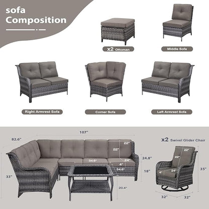 HUMMUH 9 Piece Patio Furniture PE Wikcer Outdoor Furniture Set with Sectional Sofa Swivel Patio Chairs Ottomans and Glass Coffee Table for Yard,Garden,Lawn