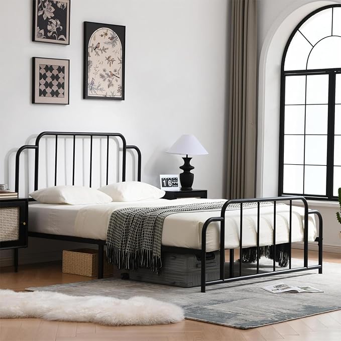 PINJU Metal Platform Bed Frame with Headboard and Footboard, Classic Style, Sturdy Metal Slats, No Box Spring Needed, Easy Installation (Black, Queen)