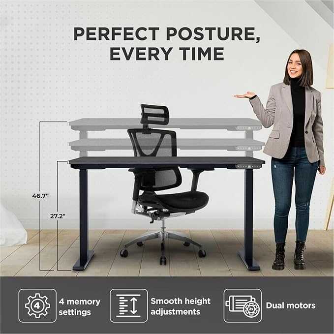 Rise Up Electric Standing Desk Adjustable Height 27-47" Dual Motor One Piece 60x30 Bamboo Large Standing Desk, Sit Stand Desk Rising Desk Home Office