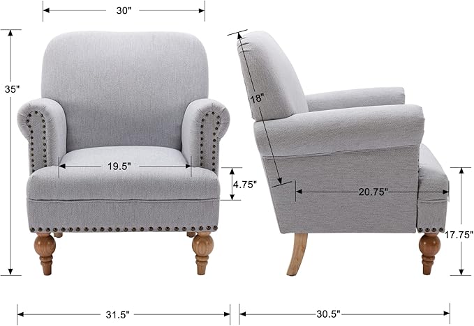 Linen Accent Chairs Set of 2 Mid-Century Modern Living Room Armchair with Nailhead Trim & Wood Legs Comfy Upholstered Single Sofa Chair for Lounge/Bedroom/Reception, Grey