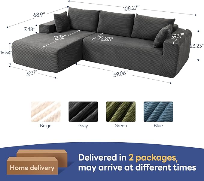 2025 New 108" Cloud Couch Sectional, Modular Sectional Sofa with L-Shaped Chaise, Deep Seat Sectional Modular Couch for Living Room, No Assembly Required (Gray, Left Facing Chaise)