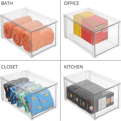 mDesign Plastic Stackable Bathroom Storage with Pull Out Bin Organizer Drawer for Cabinet, Vanity, Shelf, Cupboard, Cabinet, or Closet Organization - Lumiere Collection - 2 Pack - Clear