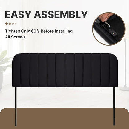 Upholstered Headboard - Striped Interval - Adjustable Height - Metal Legs - Bed Frame (Black, King (U.S. Standard))