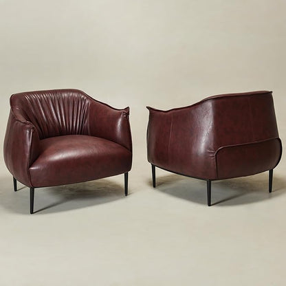 KINWELL 33" W Faux Leather Barrel Chairs Set of 2 with Hand-Tufted Pleated Back Flared Arms, Modern PU Upholstered Accent Chairs with Metal Legs, Large Armchairs Lounge Chairs for Living Room, Red