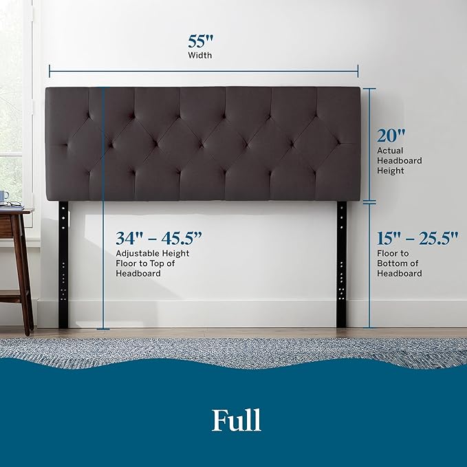 Lucid Mid-Rise Upholstered Headboard - Diamond Tufted - Padded Polyester - Adjustable Height from 34” to 46” - Easy Assembly - Bed Frame or Wall Mount - Sturdy - Charcoal - Full / Full XL Size