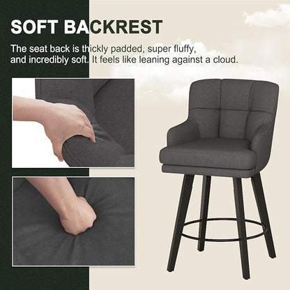 360°Swivel Counter Height Bar Stools with Back, 26 inch Solid Wood Legs, Bar Stool Modern Kitchen Island Chairs, Fabric (Black Grey- Fabric, 26" H- Set of 4)
