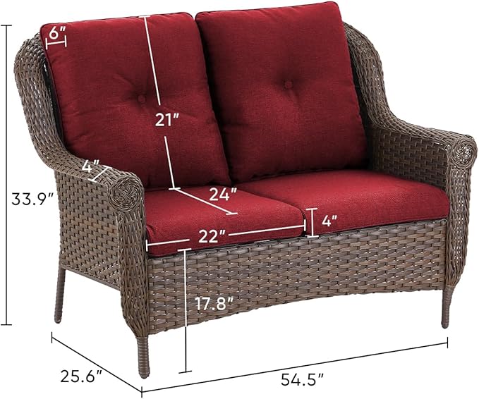 Patio Loveseat Outdoor Wicker Sofa - Heavy Duty All-Weather Brown Rattan 2-Person Sofas with High Back and Comfortable Thick Cushions for Garden Back Porch Poolside Apartment - Red
