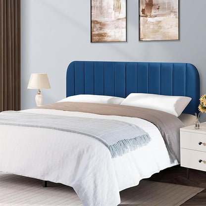 Upholstered Headboard - Striped Interval - Adjustable Height - Metal Legs - Bed Frame (Blue, King (U.S. Standard))