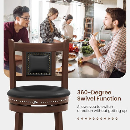 COSTWAY Bar Stools Set of 4, 30.5” Swivel Upholstered Bar Height Bar Stool w/Curved Backrest & Cushioned Seat, Solid Rubber Wood Legs & Resting Footrest, Bar Chairs for Kitchen Island (4, 30.5”)