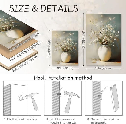 HLXRAE Framed White Floral Wall Art, Rustic Farmhouse Bathroom Wall Decor, Soft Neutral Wildflower Still Life Canvas Print, Minimalist Botanical Aesthetic Picture for Bedroom Laundry 16x24 Inch