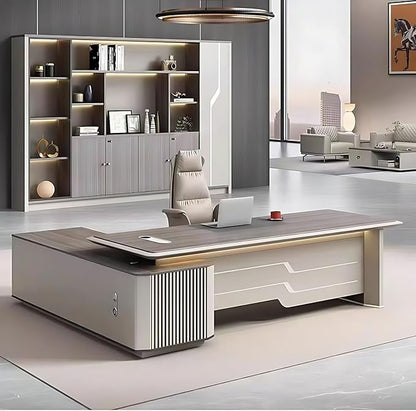 86IN Executive Office Desk - Large Office Desk L Shaped Computer Desk with 2 Drawers & Grille Design | Thickened Countertop & Large Capacity Side Cabinet Storage & Metal Cabinet Handle