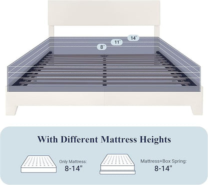 Allewie Full Size Bed Frame with Adjustable Headboard, Faux Leather Platform Bed with Wood Slats, Heavy Duty Mattress Foundation, No Box Spring Needed, Noise-Free, Easy Assembly, White