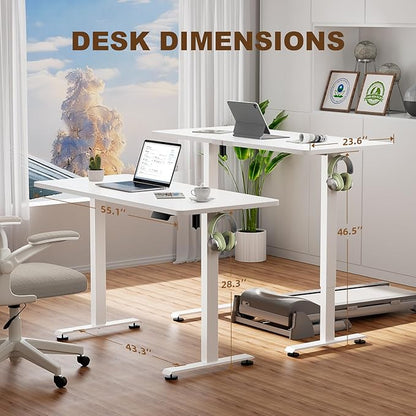 Veken 55 Inch Large Electric Standing Desk,Sit to Stand Up, Heights Adjustable, Work Home Office Computer Table for Study, Walking Pad, Writing, and Games, Wooden Desktop Desks, White
