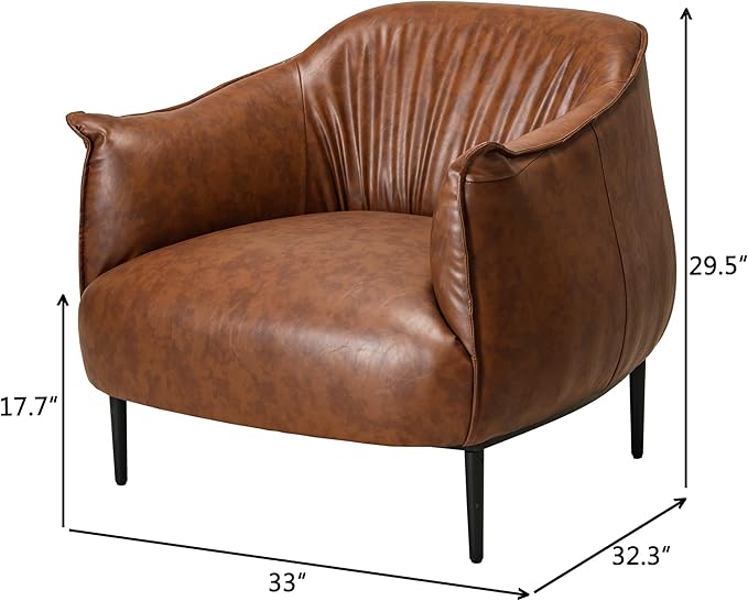 KINWELL 33" W Faux Leather Barrel Chairs Set of 2 with Hand-Tufted Pleated Back Flared Arms, Modern PU Upholstered Accent Chairs with Metal Legs, Large Armchairs Lounge Chairs for Living Room, Brown