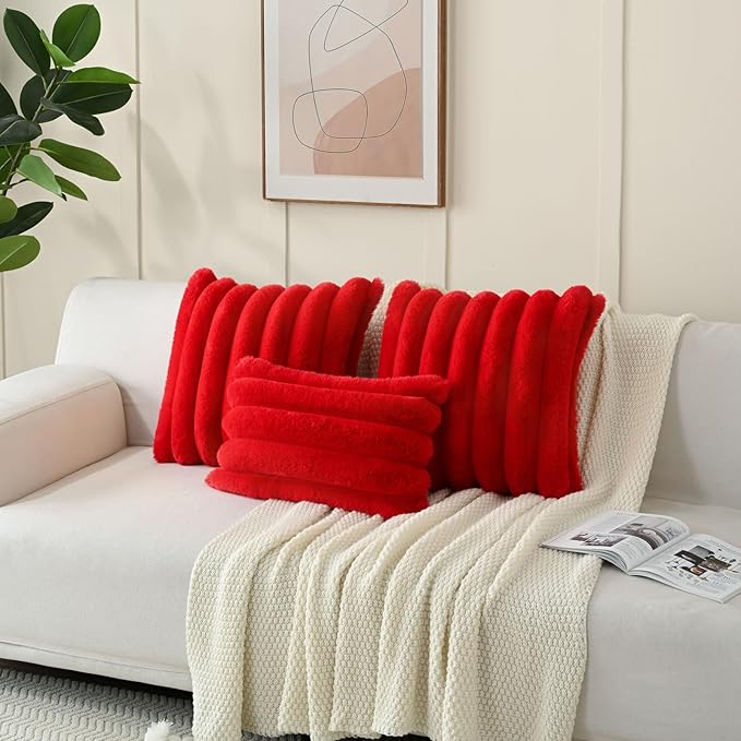 FUTEI Christmas Red Decorative Throw Pillow Covers 22x22 Inch Set of 2, Square Soft Faux Rabbit Fur Thick Striped Cushion Cover,Winter Home Decor for Couch Bed Living Room