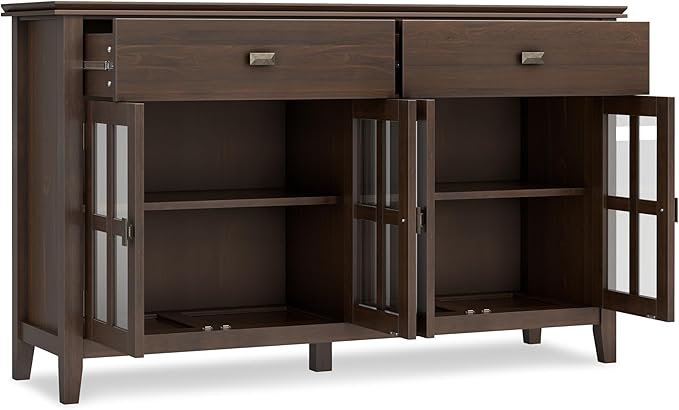 SIMPLIHOME Artisan Buffet - 60 inch Wide Solid Wood 4-Door Sideboard Buffet in Natural Aged Brown, Storage Cabinet for Dining Room or Kitchen with Adjustable Shelves and Square Knobs