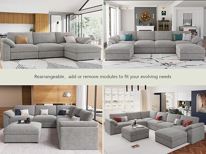 EASE MOOSE Oversized Modular Sectional Sofa with Ottoman, Modern Luxury Wide Deep Modular Couch, U Shaped Couch for Big Spaces Living Room, Light Gray