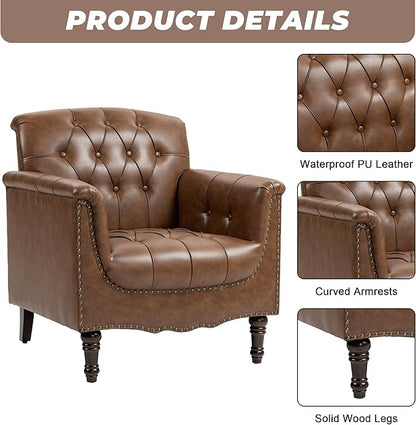 Faux Leather Accent Chairs Set of 4, Upholstered Armchairs with Nailhead Trims & Wood Legs for Living Room, Bedroom, Contemporary Comfy Club Chairs for Office-Brown