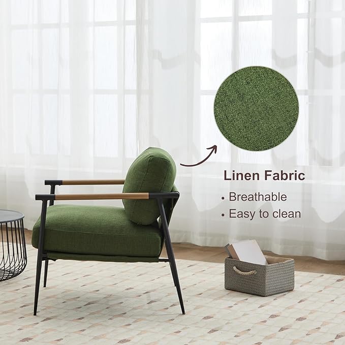 HEAH-YO Modern Accent Chairs Set of 2, Upholstered Linen Fabric Living Room Chairs with Backrests and Metal Legs, Comfy Reading Side Armchairs for Bedroom, Green