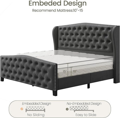 LARMACE Queen Size Bed Frame Velvet Upholstered Platform Bed with Wingback Headboard & Footbaord, Deep Button Tufted Bed Frame with Wood Slats Support, No Box Spring Needed, Grey