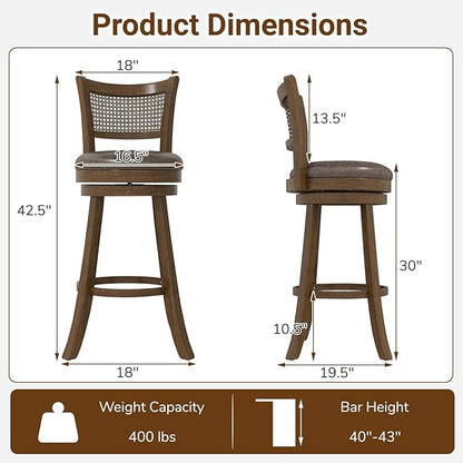 COSTWAY 30” Swivel Bar Height Barstool Set of 2, Rubber Wood Bar Stools with Rattan Backrest, Footrest, Upholstered Leathaire Armless Chairs for Kitchen Island, Pub, Brown (4, 30” Seat Height)