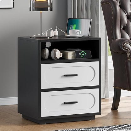 Nightstand with Charging Station, 21.7" Wide Bedside Table with 2 Storage Drawers & Open Shelf, Mid Century Modern Wood End Table for Bedroom, Living Room, Black/White
