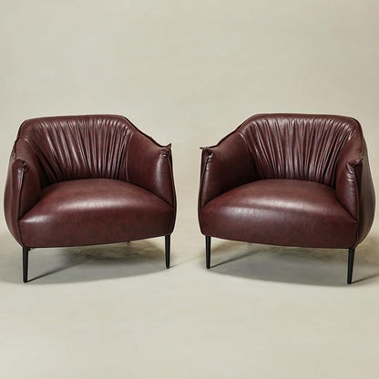 KINWELL 33" W Faux Leather Barrel Chairs Set of 2 with Hand-Tufted Pleated Back Flared Arms, Modern PU Upholstered Accent Chairs with Metal Legs, Large Armchairs Lounge Chairs for Living Room, Red