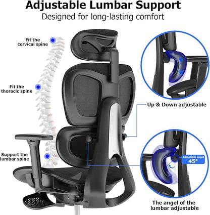 PatioMage Ergonomic Office Chair, Big and Tall Desk Chair with Adjustable Lumbar Support & Seat Depth, High Back Computer Chair, Swivel Mesh Chairs with Wheels for Home Office, Black