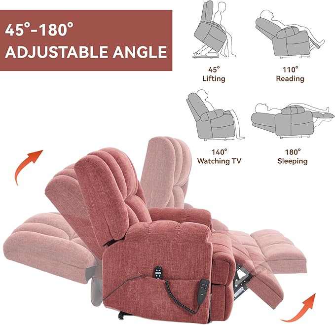 Power Lift Recliner Chair for Elderly, Oversized Chenille Electric Recliners Chairs for Living Room, Dual Motor 180° Lay Flat Recliner Big Sofa with Massage and Heating, Heavy-Duty, Red