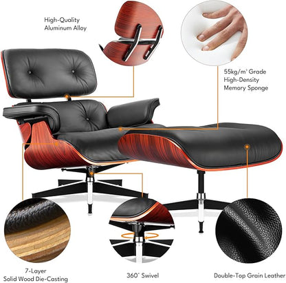 Top Black Grain Leather, Mid Century Chaise Lounge Chair and Ottoman, Modern Chair Classic Design, Heavy Duty Base Support for Living Room Study Lounge Office, Darkrosewood, Heightening