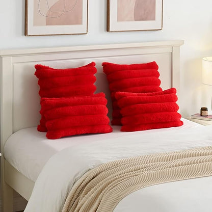 FUTEI Christmas Red Decorative Throw Pillow Covers 18x18 Inch Set of 2, Square Soft Faux Rabbit Fur Thick Striped Cushion Cover,Winter Home Decor for Couch Bed Living Room