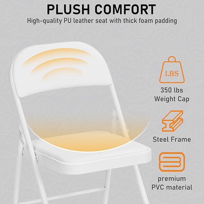 SEALAMB 10 Pack White Folding Chairs with Padded Seats & Cushion, Durable Metal Foldable Chairs for Wedding Party, Commercial Chairs for Office School Church Events, 330lb Capacity (White-PU, 10 Pack)