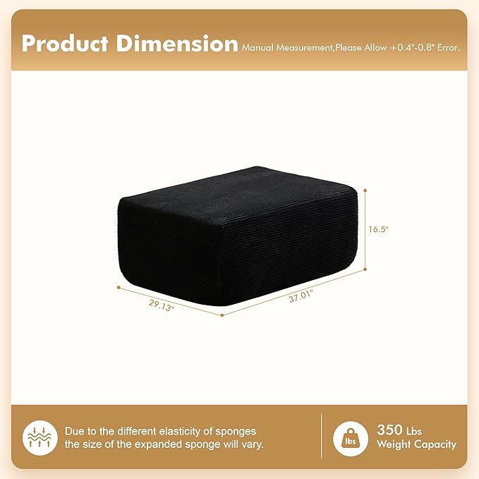 37.1" Ottoman for Couch, Plush Corduroy Memory Foam Ottoman Cloud Boneless Sectional Couch for Living Room Foot Stools No Assembly Require, Stripe Corduroy,Black